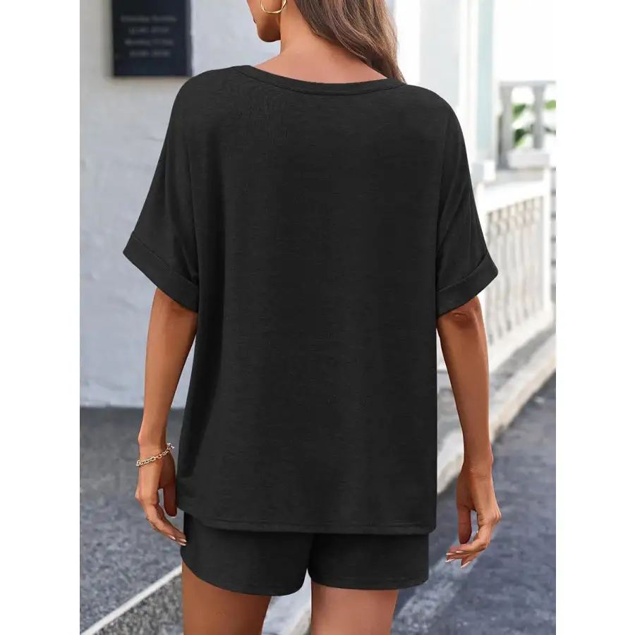 Round Neck T Shirt and Drawstring Shorts Set
