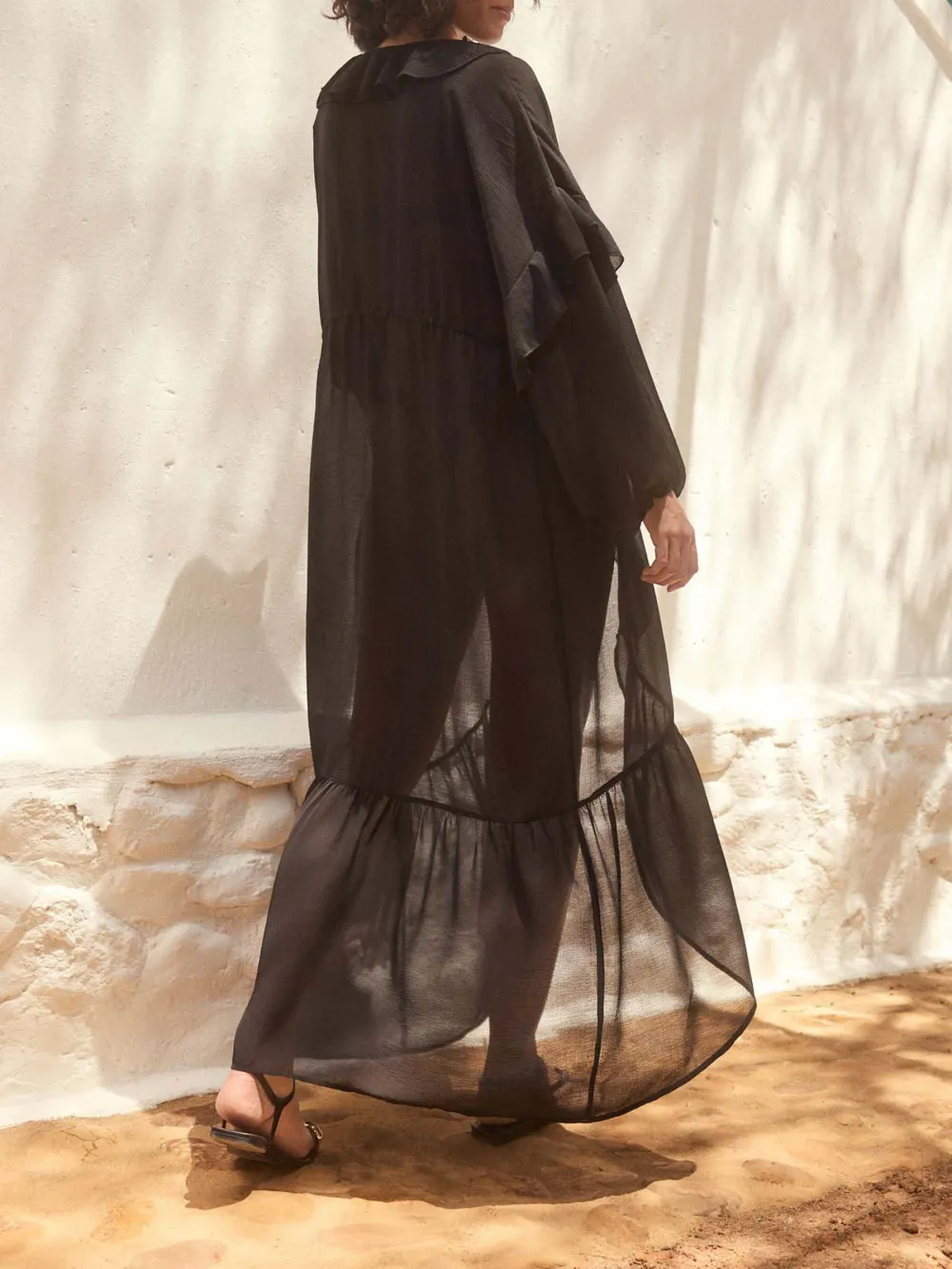 Black Transparent Pleated Long Cardigan