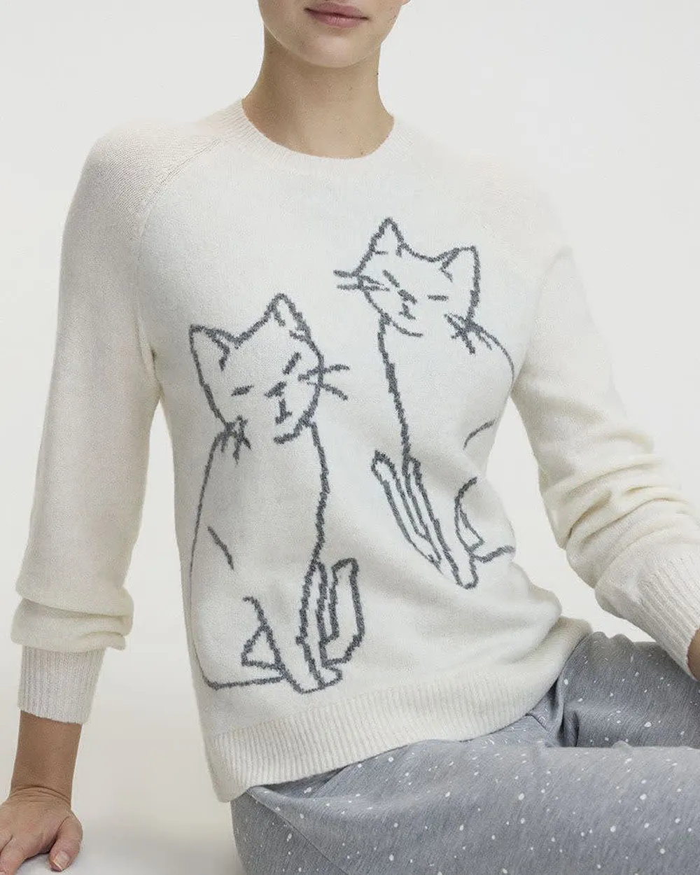 Cat Print Crew-Neck PlushSoft Sweater