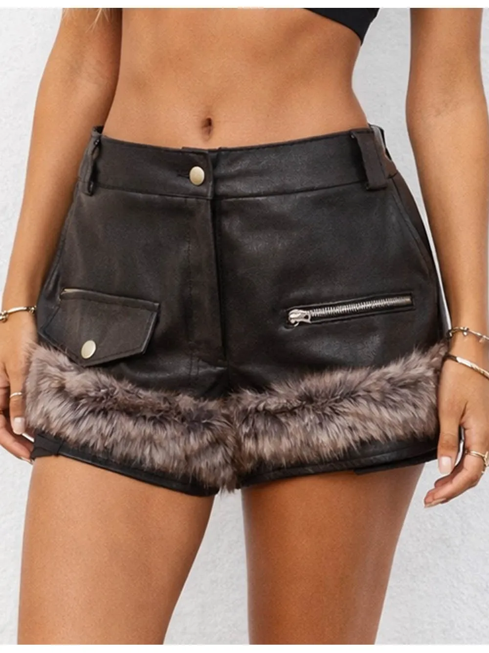 Faux Leather Wide Leg Fur Trim Zip Fly Shorts