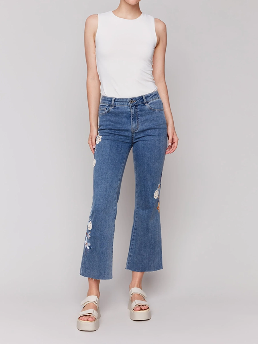 Cropped Embroidered Soft Flared Trousers