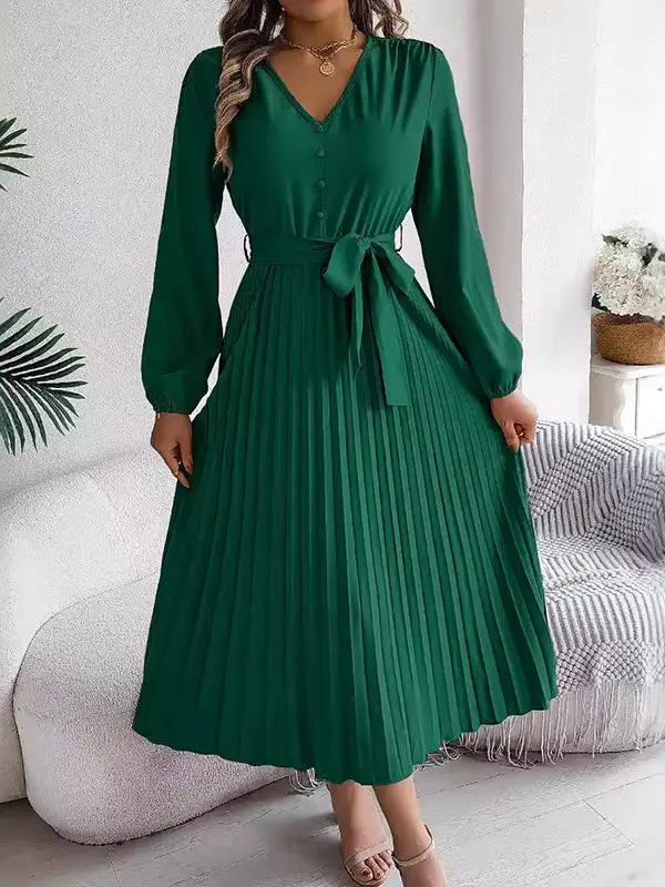 Pleated Buttoned Belted Long Neck Maxi Dress