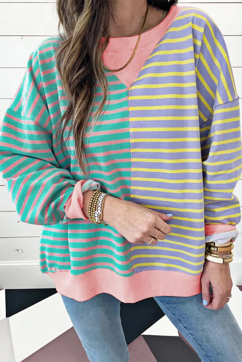 Casual Casual Stripe Color Block Drop Shoulder Oversized Sweatshirt