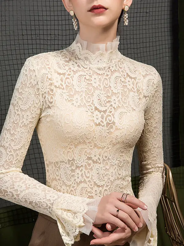 Flared Sleeve Long Sleeve Sheer Panel Detail Mock Neck T-Shirt