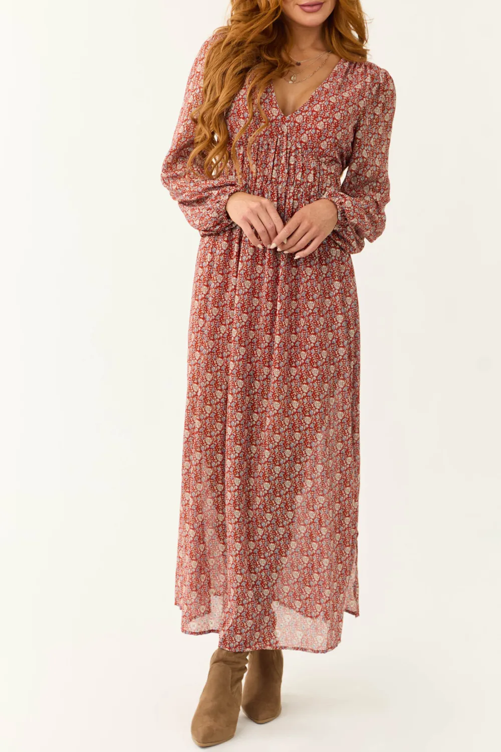 Burgundy Ditsy Floral Print Maxi Dress