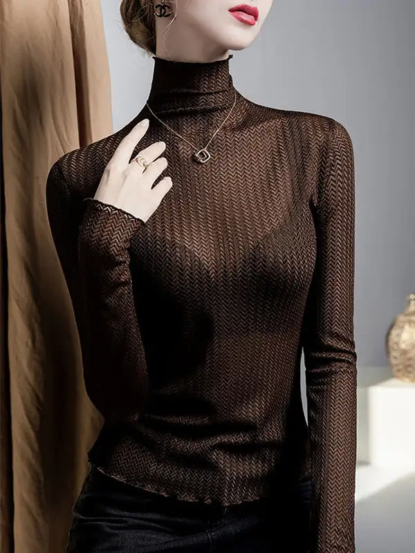 Long Sleeve Curve Fit Mesh Sheer Slightly Sheer Panel Detail High Neck T-Shirt