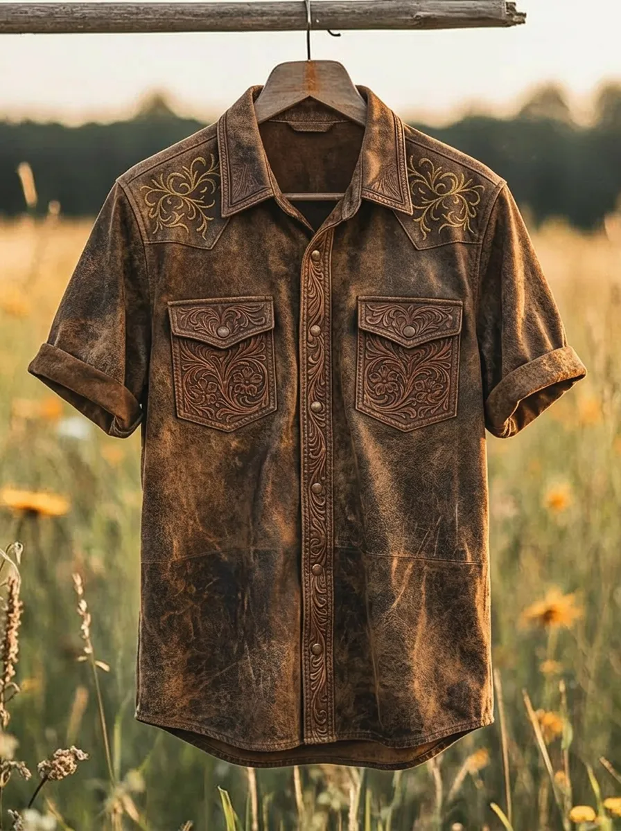 Men's Western Cowboy Floral Tooled Leather Printed Shirt-6