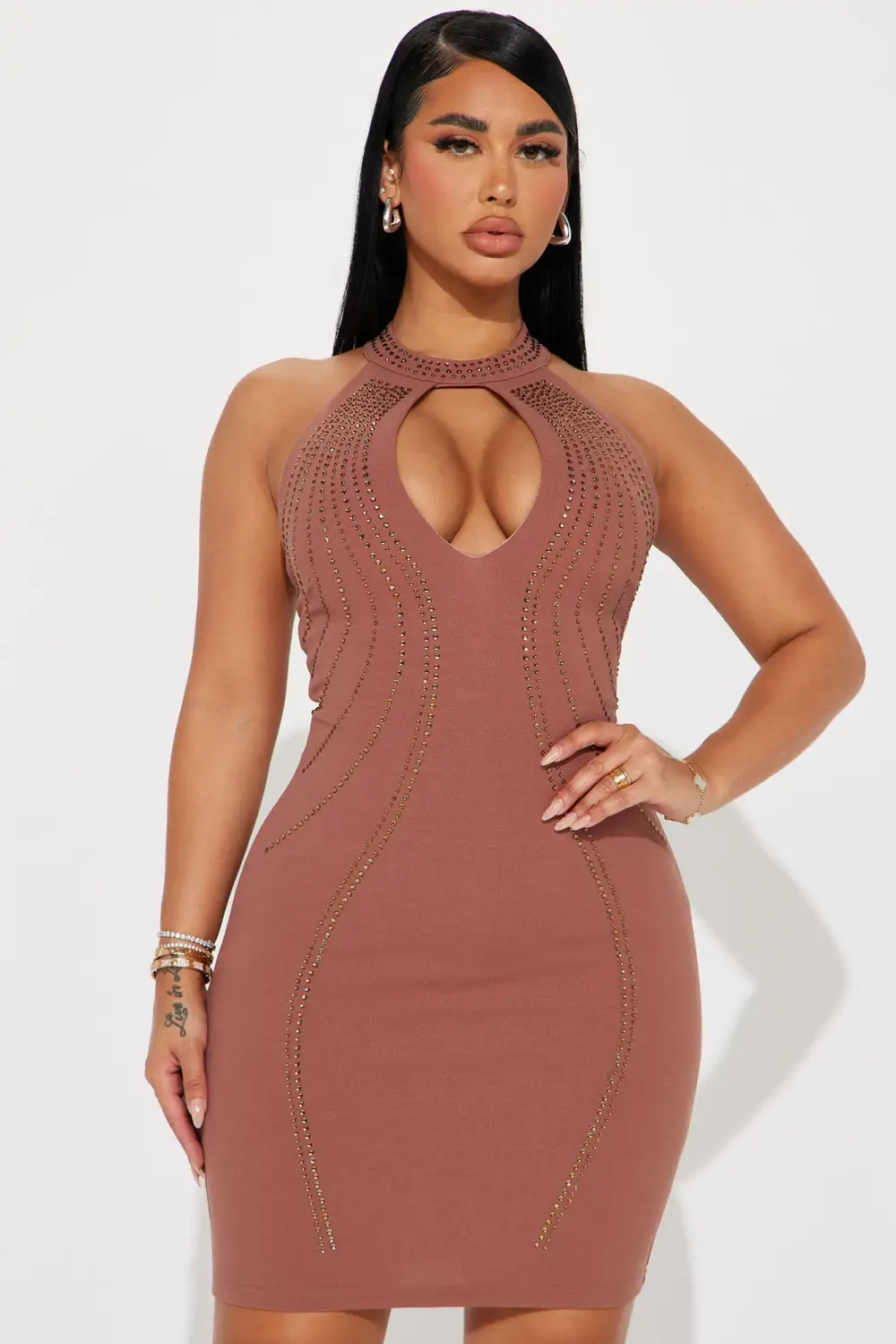Stella Rhinestone Mini Dress - Mocha