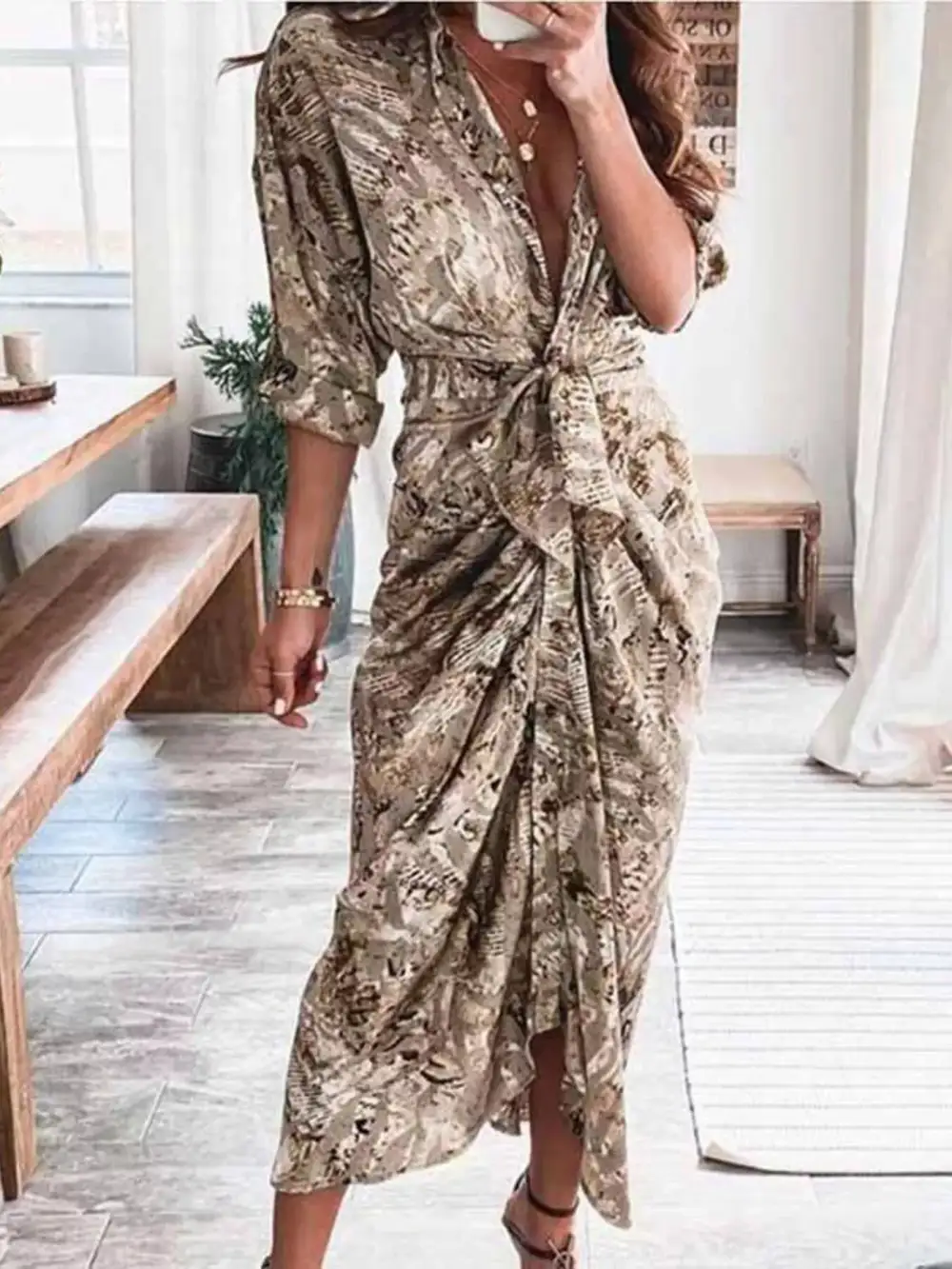 Button Front Tie Waist Midi Dress