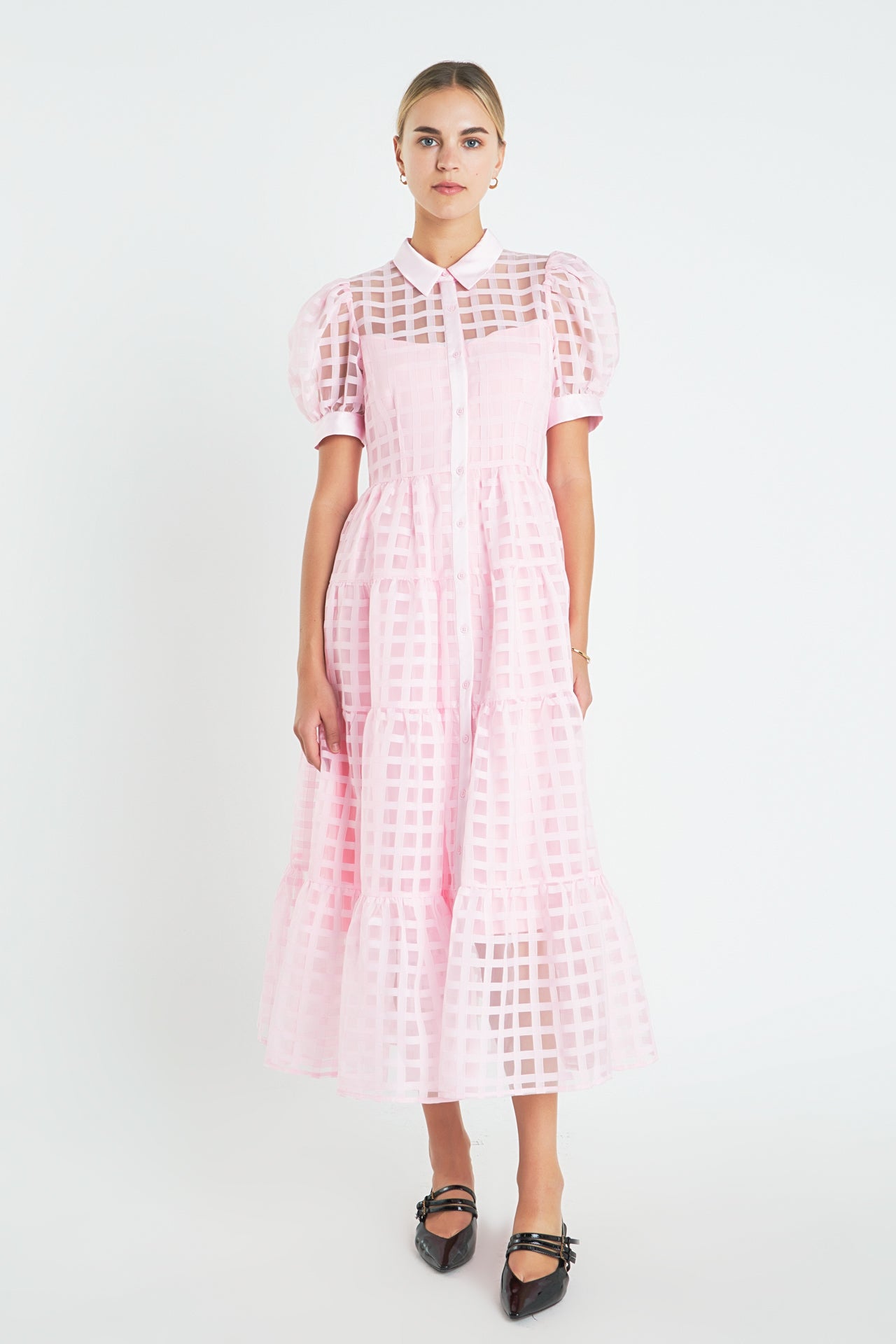 Gridded Organza Tiered Maxi Dress