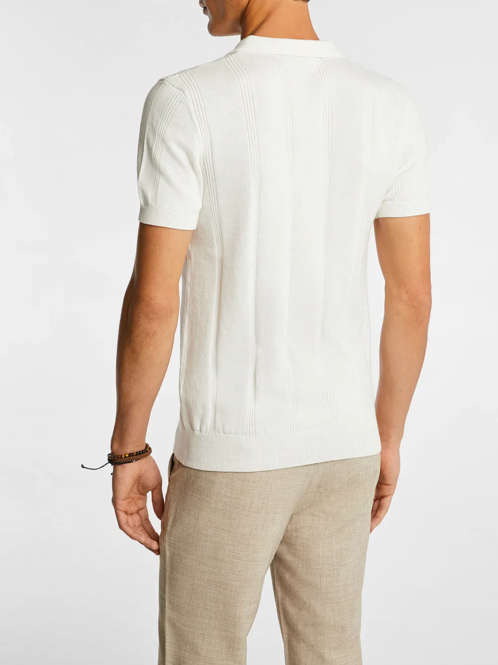 White Short Sleeve Textured Knit Polo Shirt