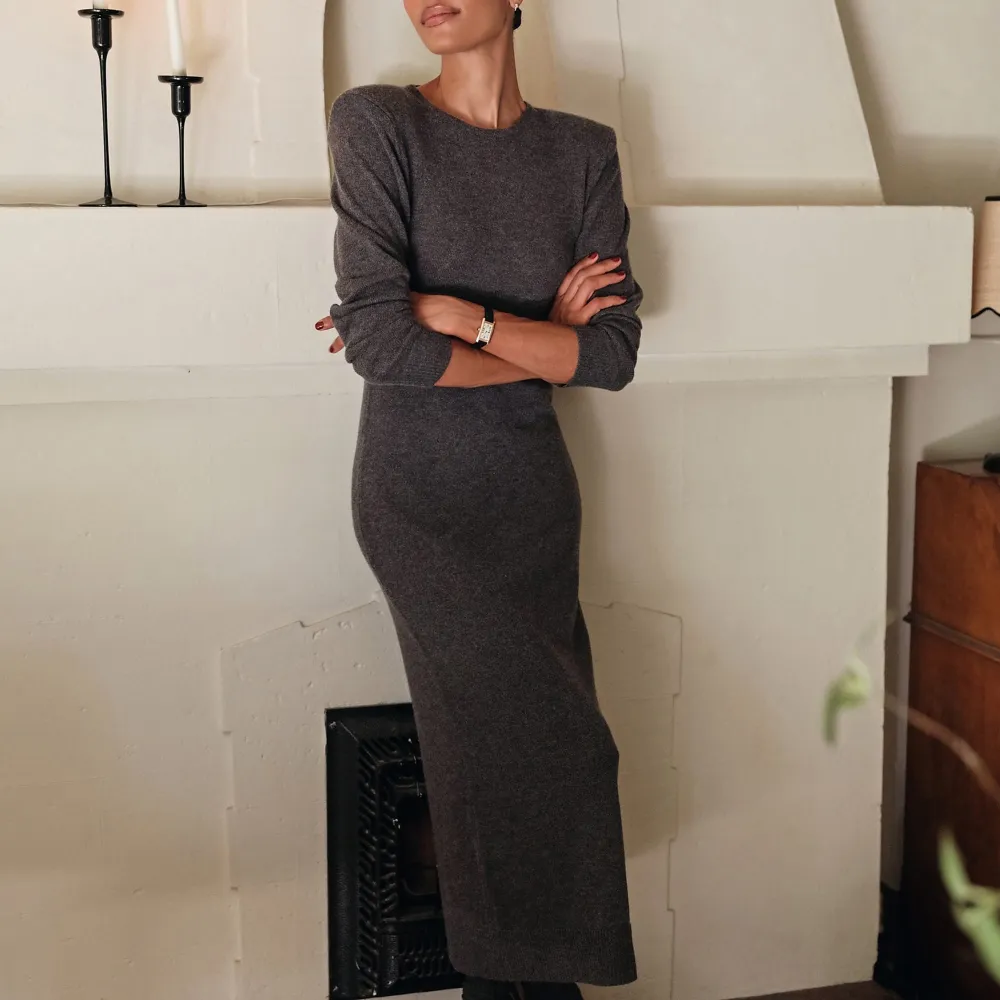 Crew Neck Long-Sleeve Vashmere Sweater-Dresses