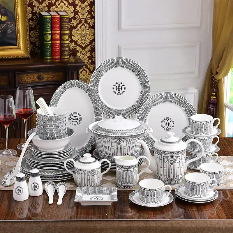 58-piece black striped porcelain dinnerware set