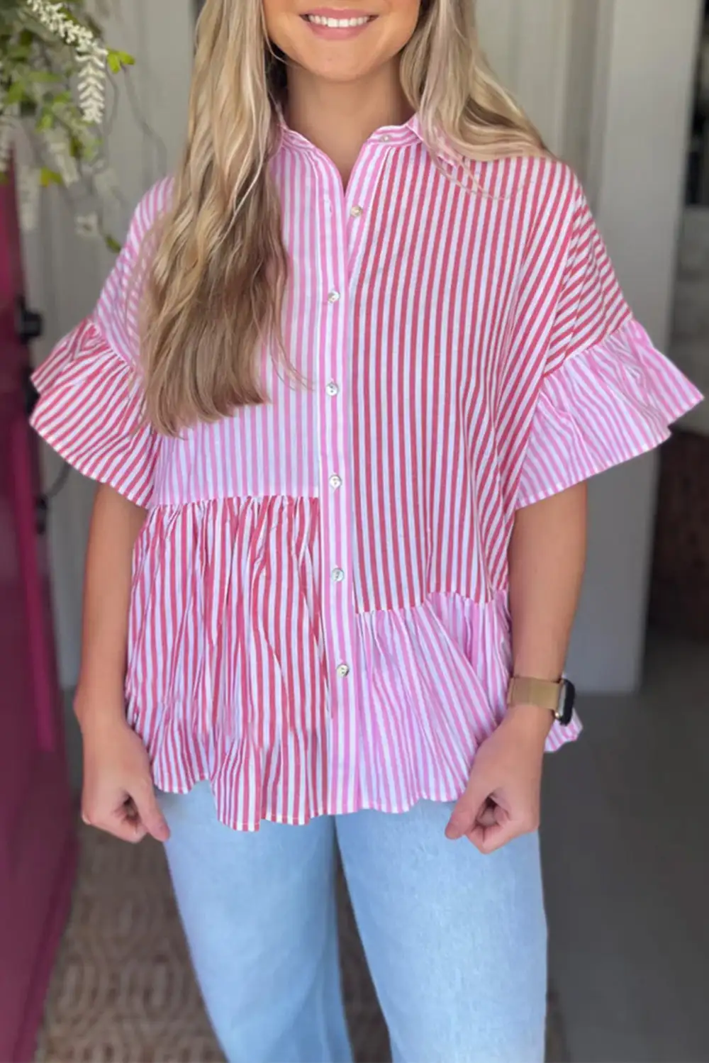 Ruffle Sleeve Button Front Button Front Blouse