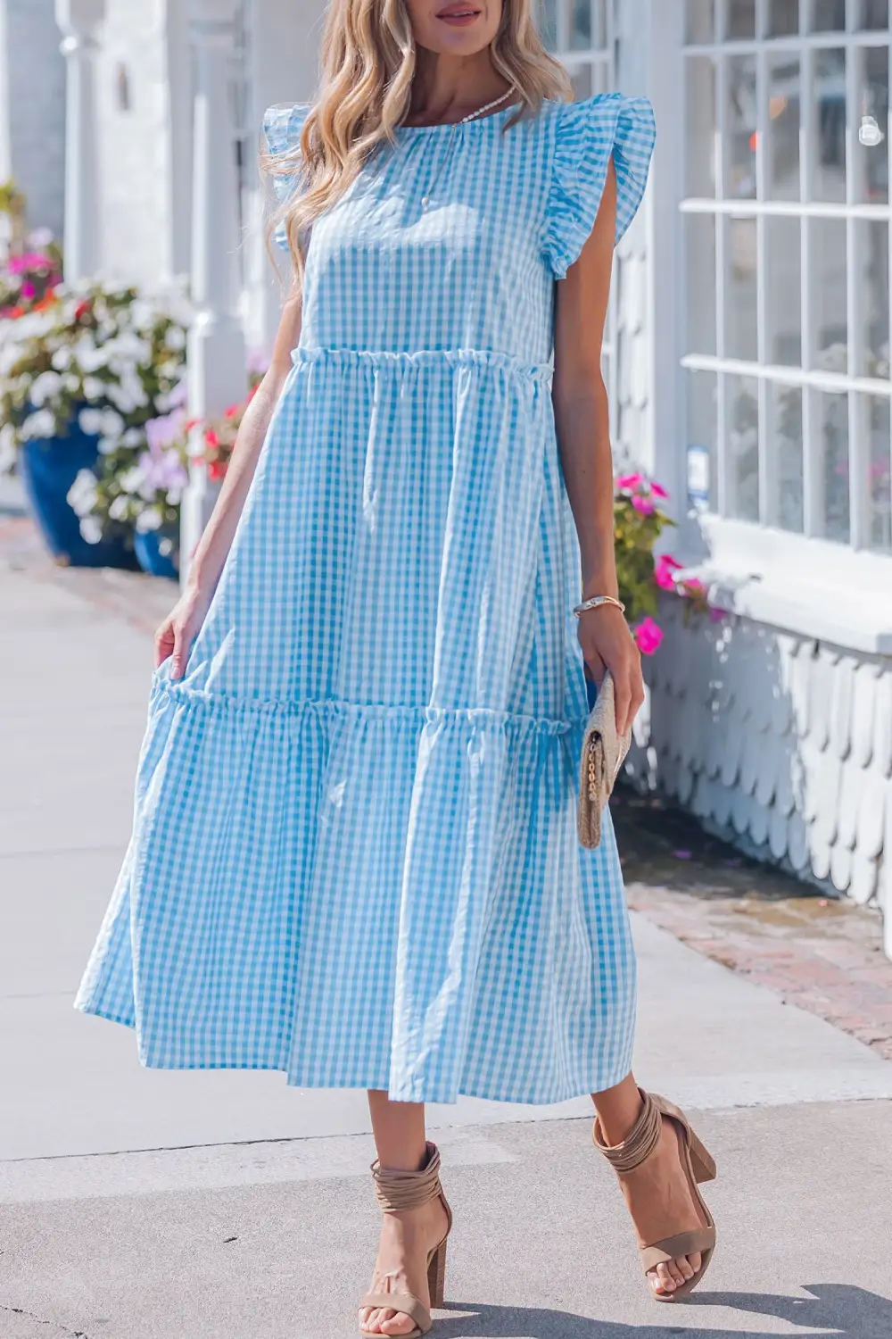 Structured Shape Plaid Ruffle Short Sleeve Maxi Dress