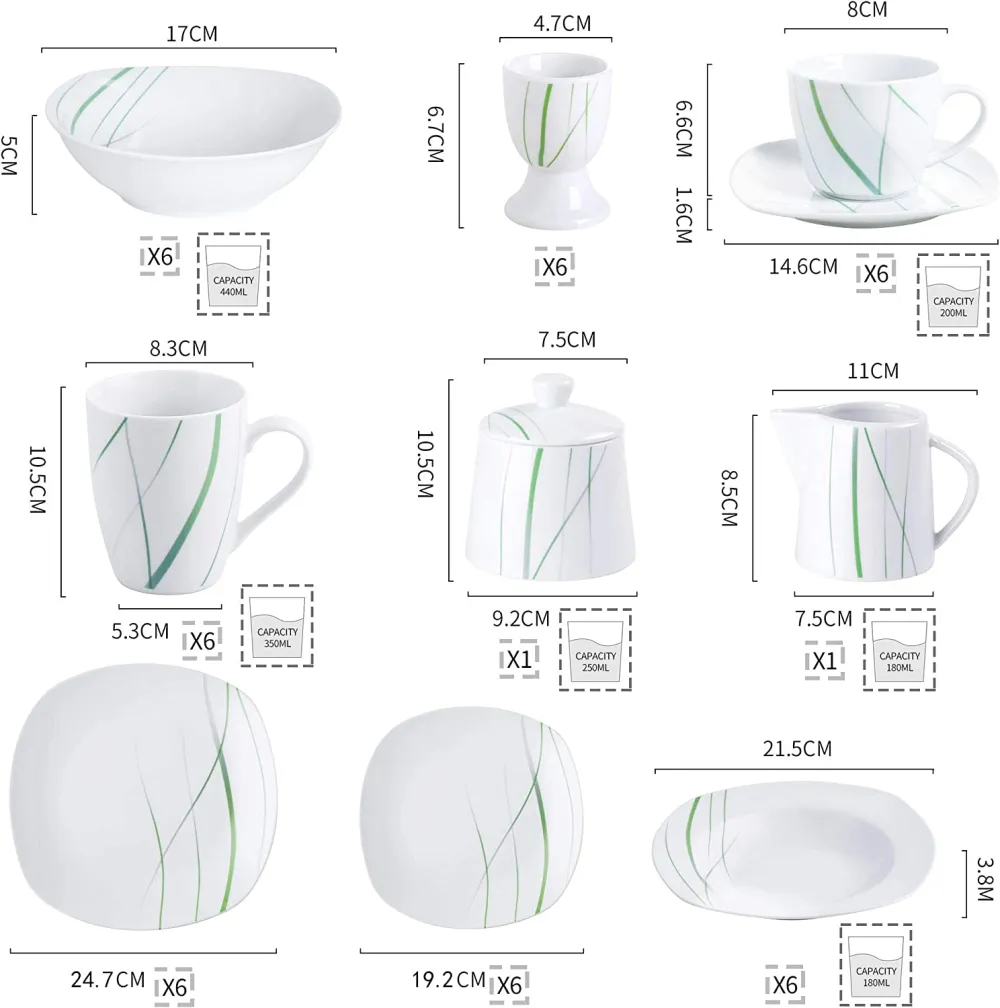 VEWEET, Series Fiona, 100-Piece Plates and Bowls Sets for 12, Including Porcelain Dishes Sets, Bowls, Mugs, Egg Cups, Cup and Saucer Set, Milk Jug and Sugar Pot Set, Microwave and Dishwasher Safe