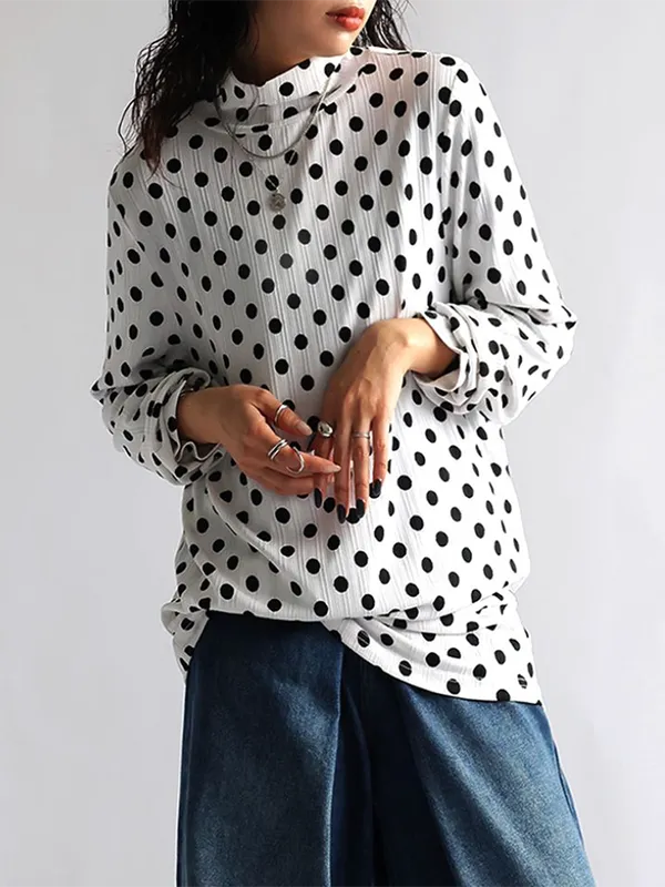 Long Sleeve Relaxed Polka Dot Draped Collar T-Shirt