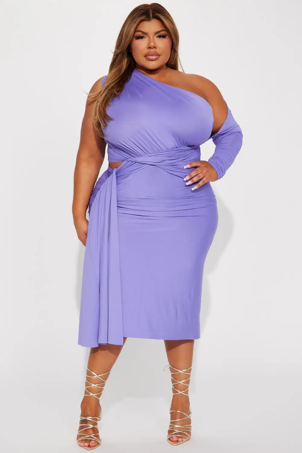 One Shoulder Ruched Midi Dress - Purple