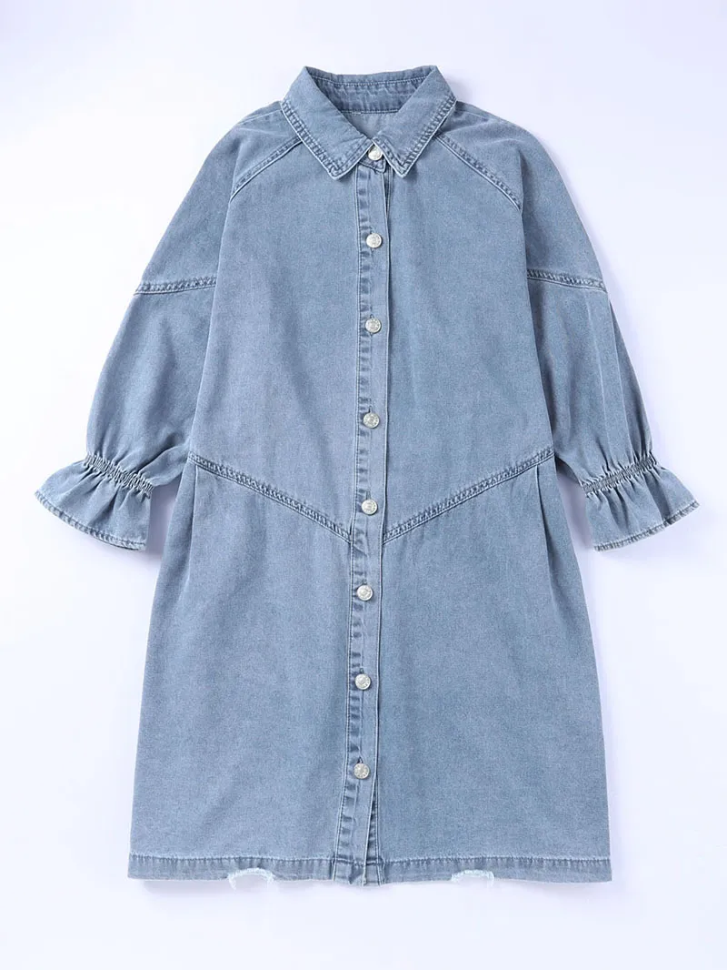 Sky Blue Buttoned Long Sleeve Denim Mini Dress