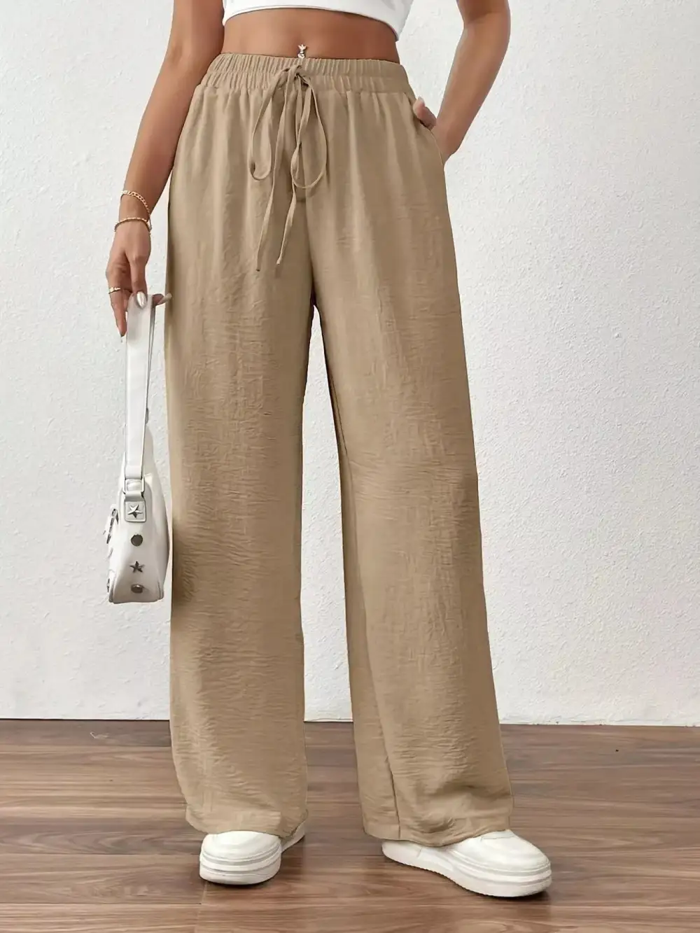 Relaxed Casual Drawstring Wide Leg Pants