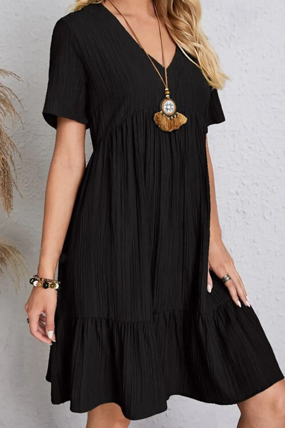 Boho Chic  Plus Size Ruched V-Neck Short Sleeve Dress