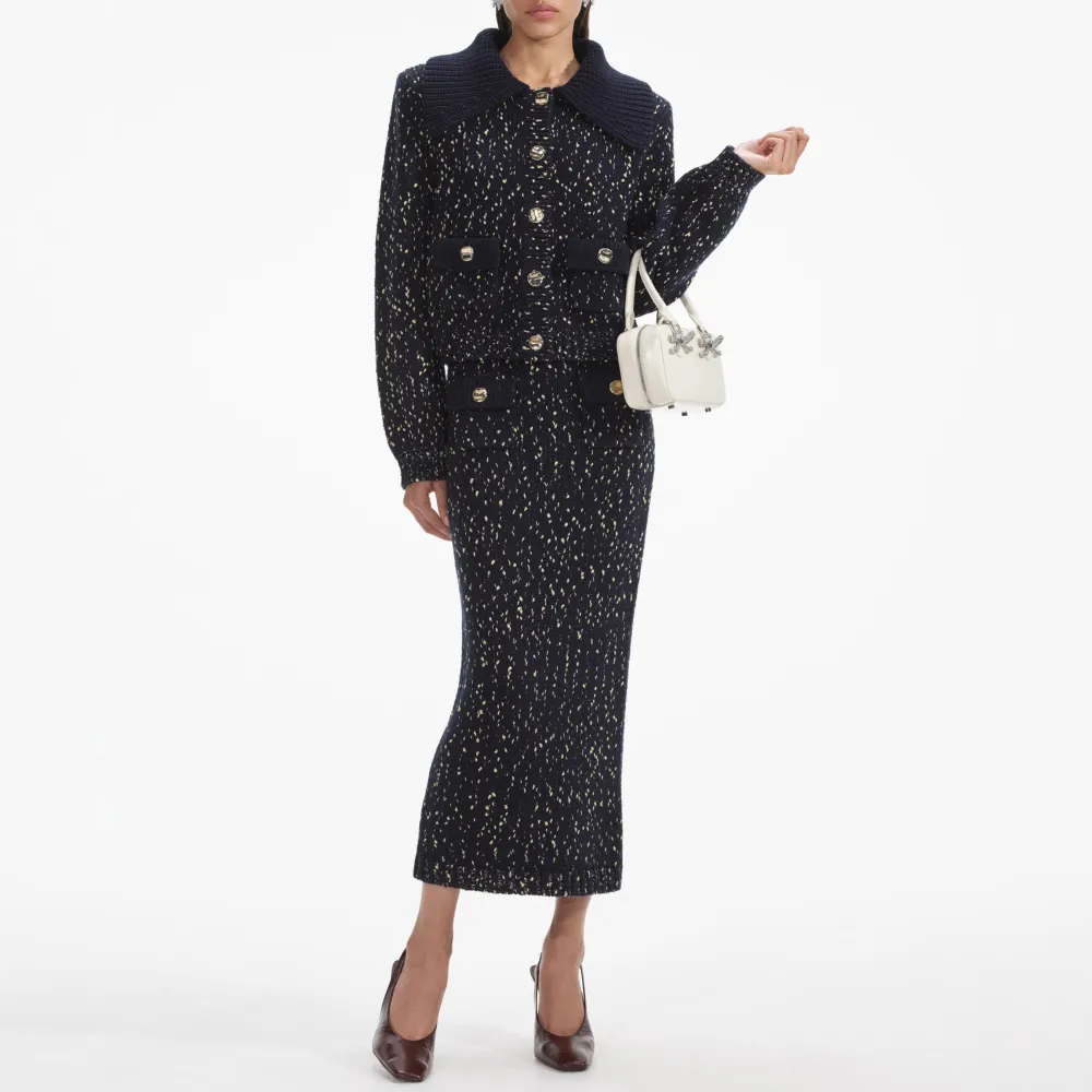 Navy Metallic Merino Knit Midi Skirt