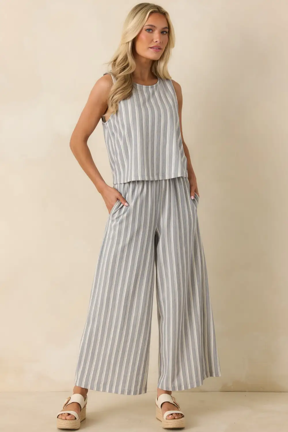 Cotton Knit Stripe Wide Leg Pants