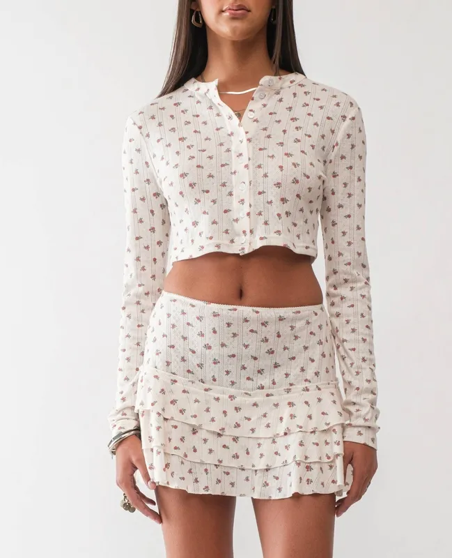Floral Pointelle Button Front Crop Top