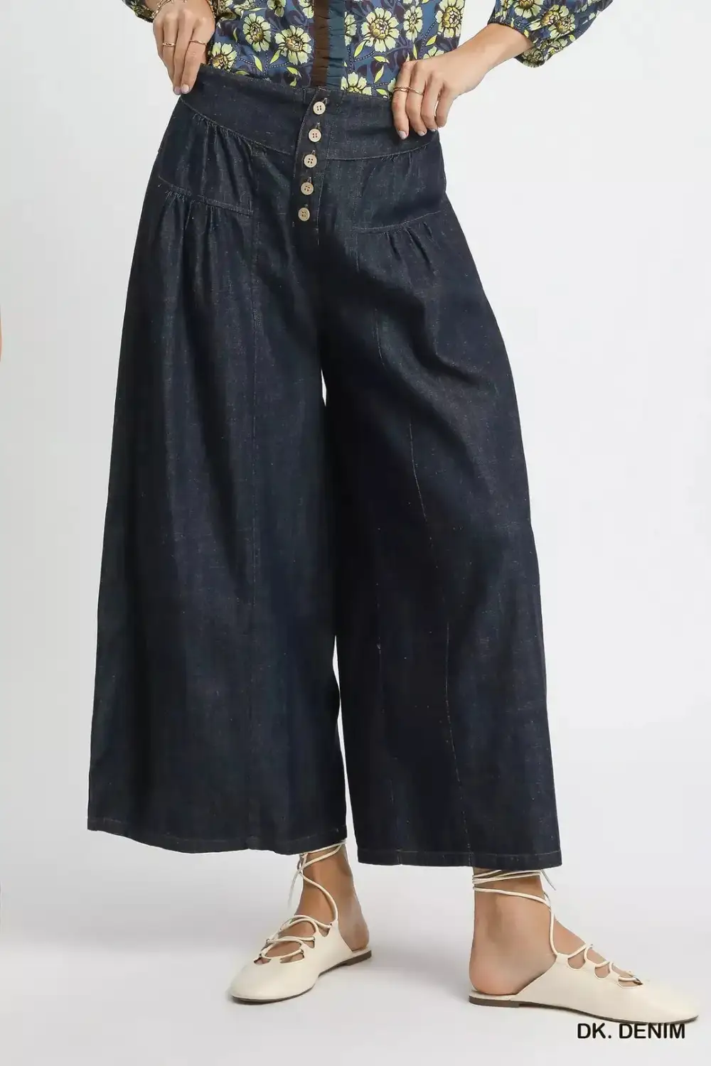 Washed Wide Leg Button Front Culottes Pants