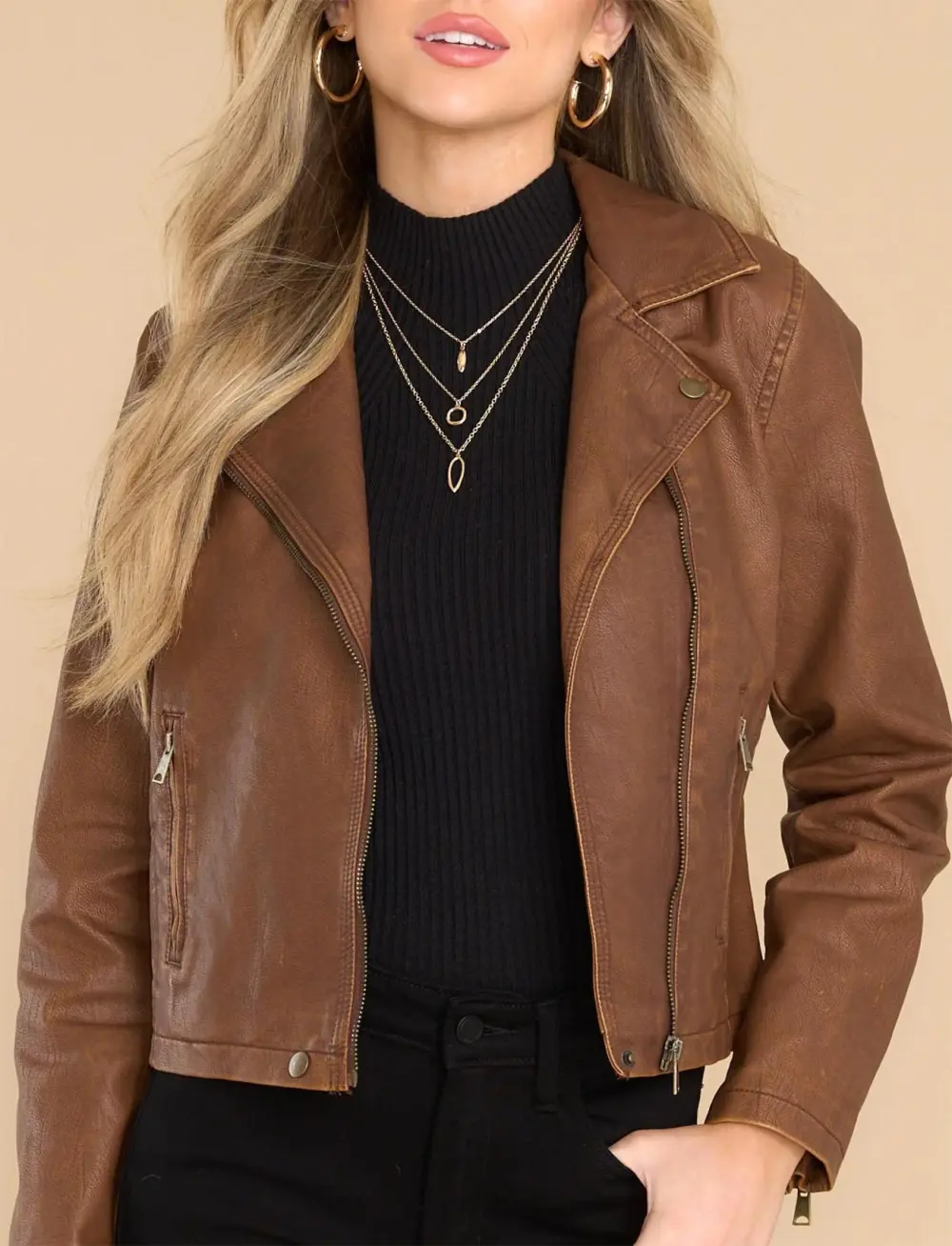 LETS RIDE BROWN FAUX LEATHER MOTO JACKET