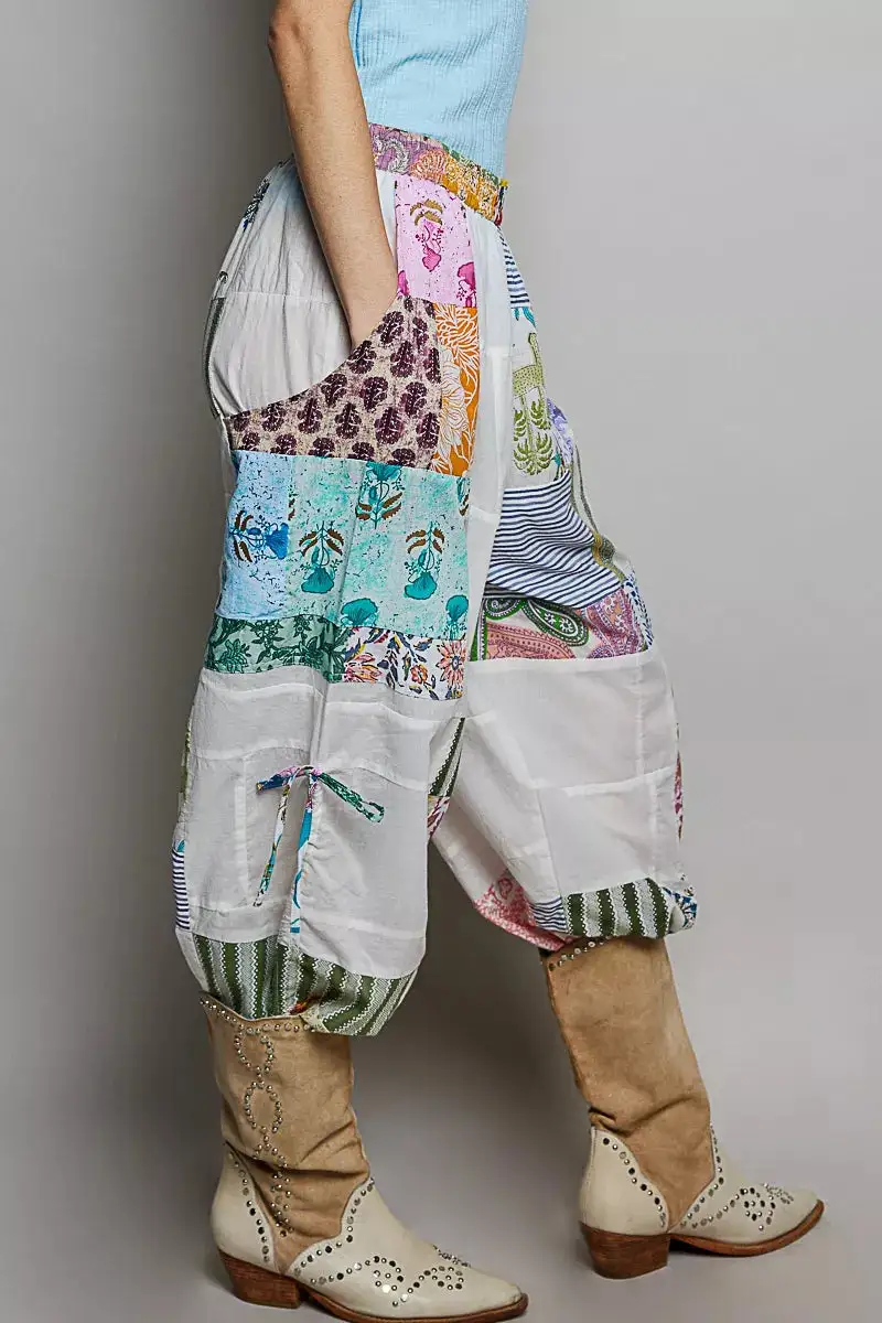 Everyday Printed Patchwork Wide Leg Pants with Adjustable Side Drawstring