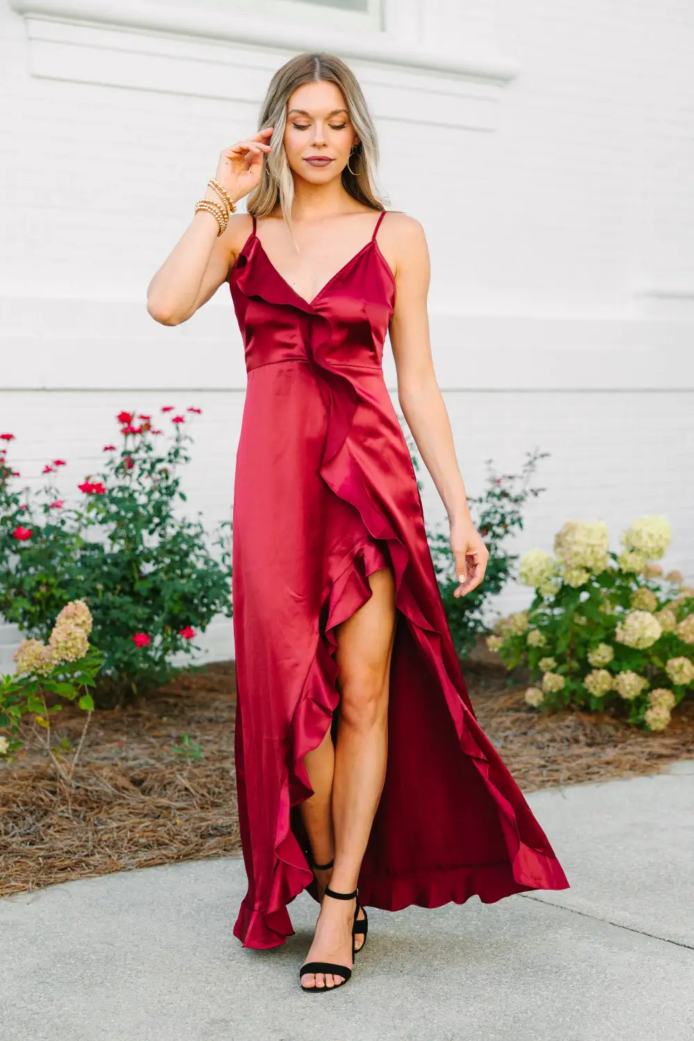 It's Gotta Be Love Burgundy Red Ruffled Maxi Dress