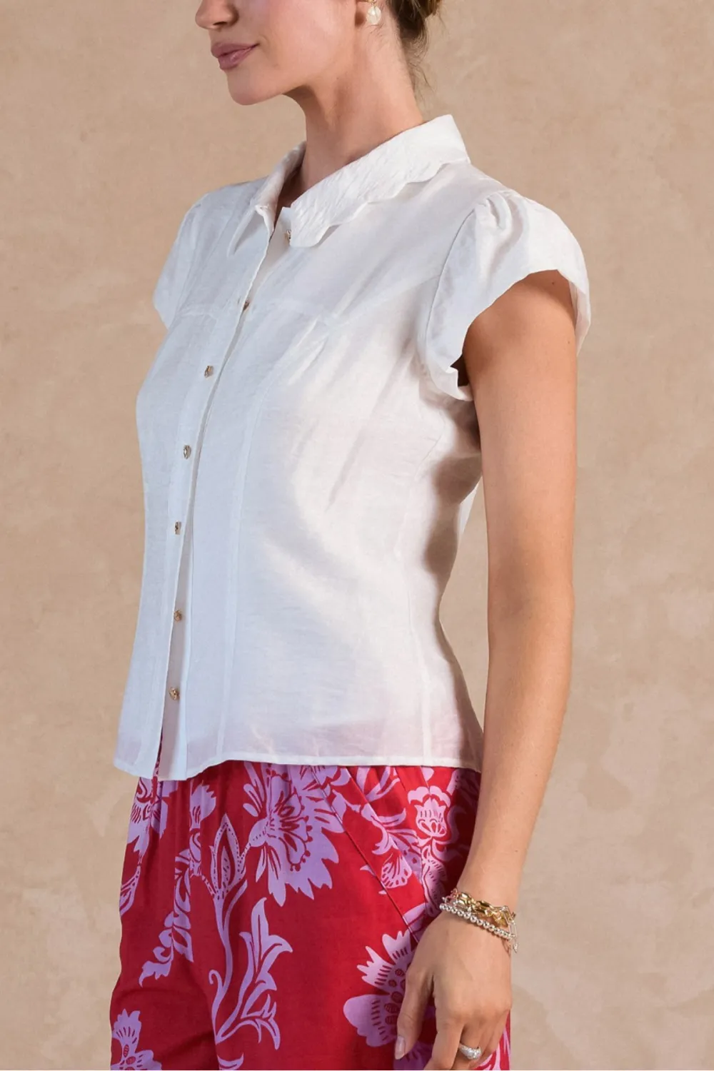 Button Collar Cap Sleeve Shirt