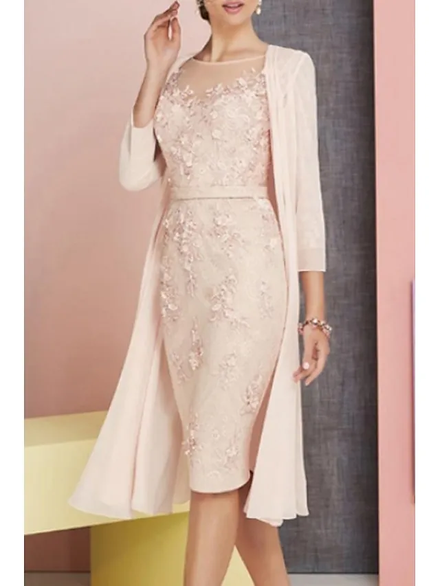 Two Piece Sheath Mother of the Bride Dress Pink Wedding Guest Church Elegant Vintage Plus Size Bateau Neck Knee Length Chiffon Lace 3/4 Length Sleeve Jacket Dresses with Appliques 2024