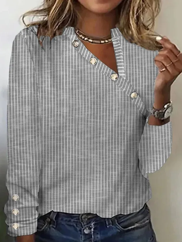 Buttoned Detail Casual Asymmetrical Neck T-Shirt