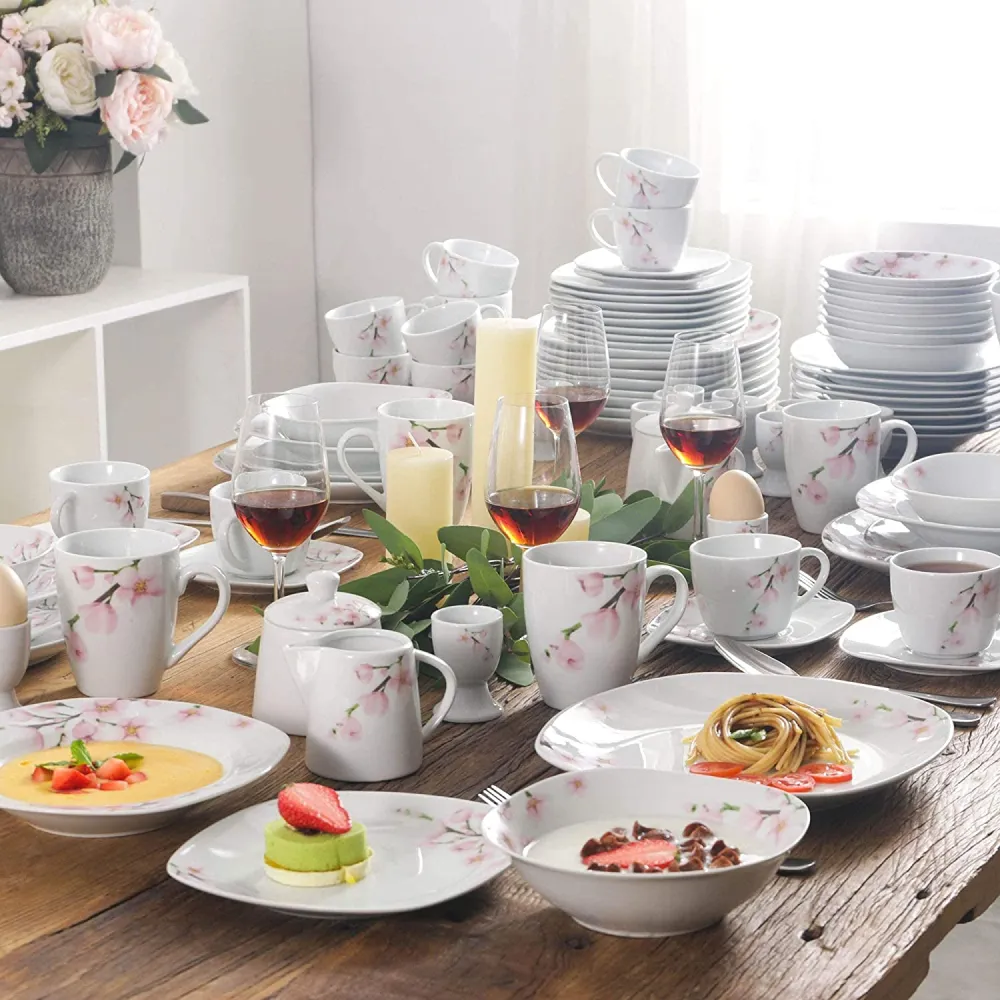 VEWEET, Series Fiona, 100-Piece Plates and Bowls Sets for 12, Including Porcelain Dishes Sets, Bowls, Mugs, Egg Cups, Cup and Saucer Set, Milk Jug and Sugar Pot Set, Microwave and Dishwasher Safe