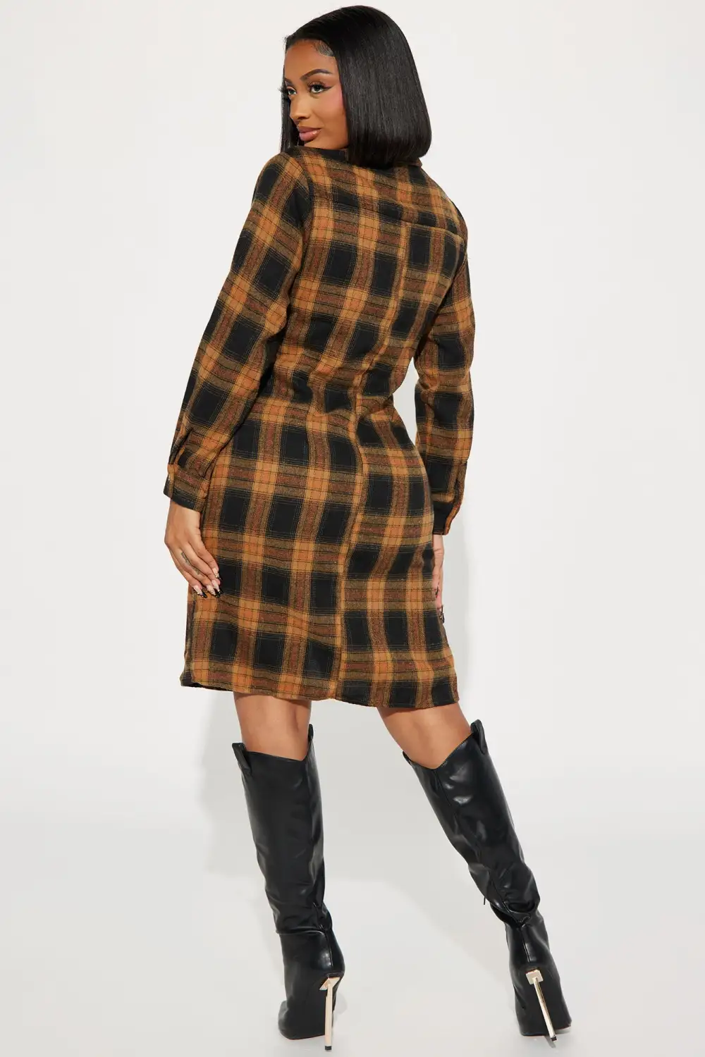 Fall Flannel Midi Dress - Camel/combo