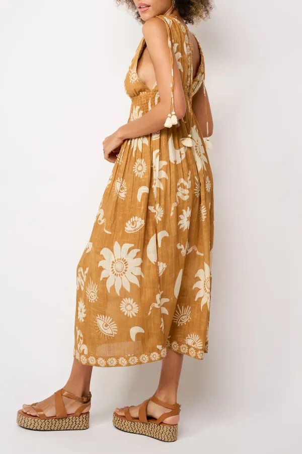 Tan Daisy Print One Shoulder Maxi Dress