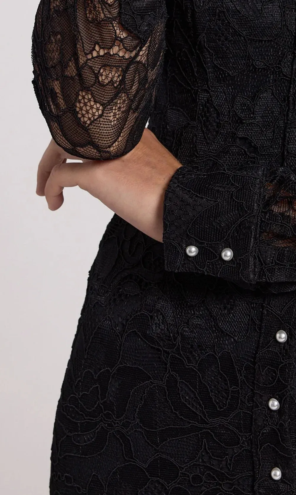 Lapel Long Sleeve Lace Panel Dress