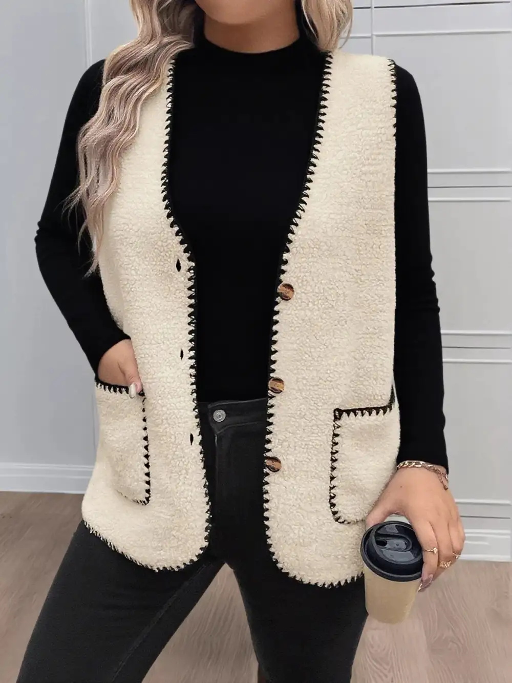 Plus Size Contrast Trim Button