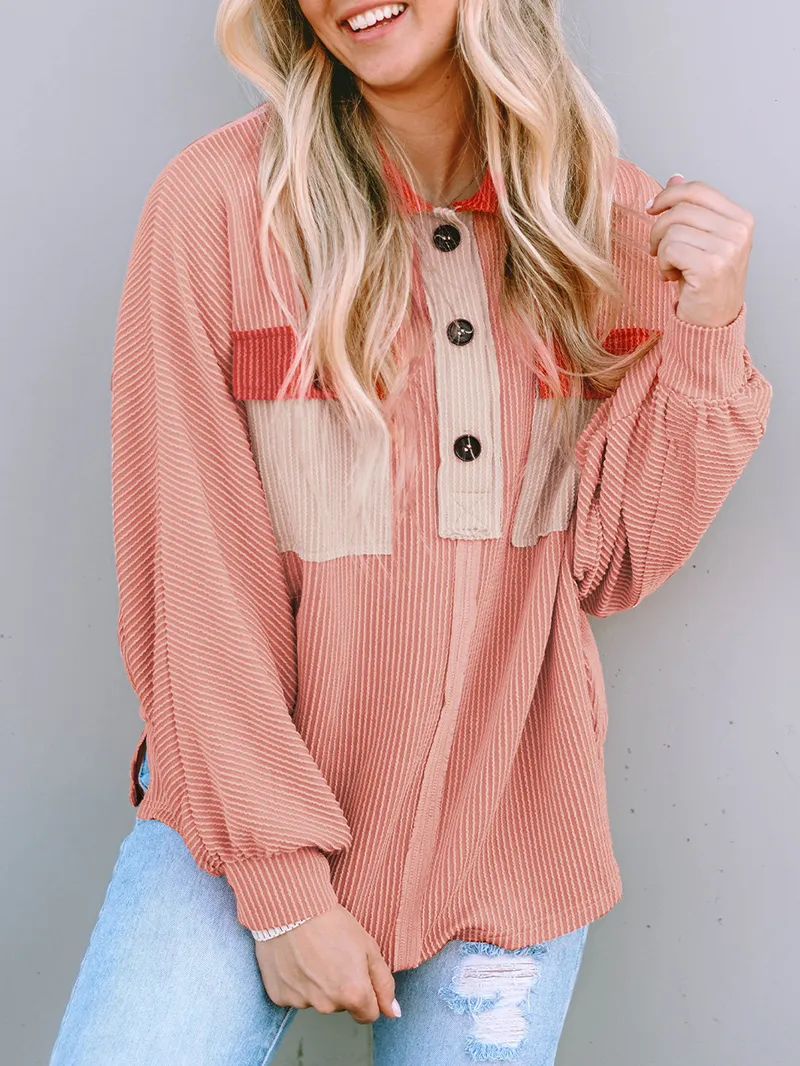 Contrast Corduroy Chest Pocket Button Top