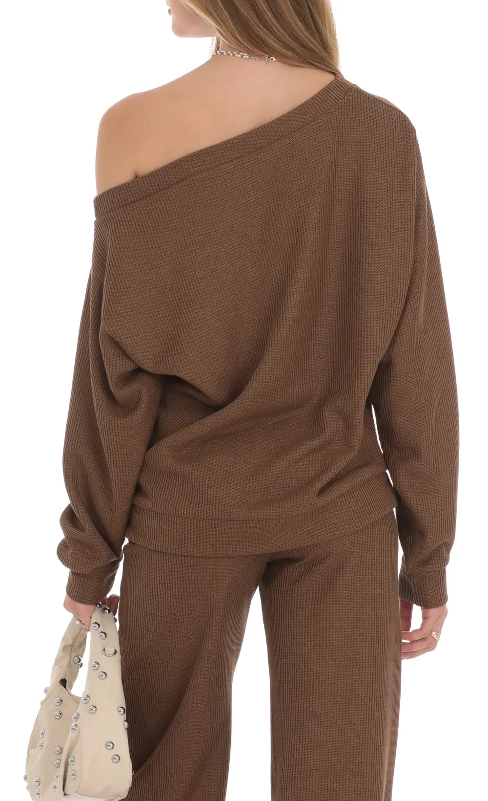 Off Shoulder Knit Oversized Jumper in Brown