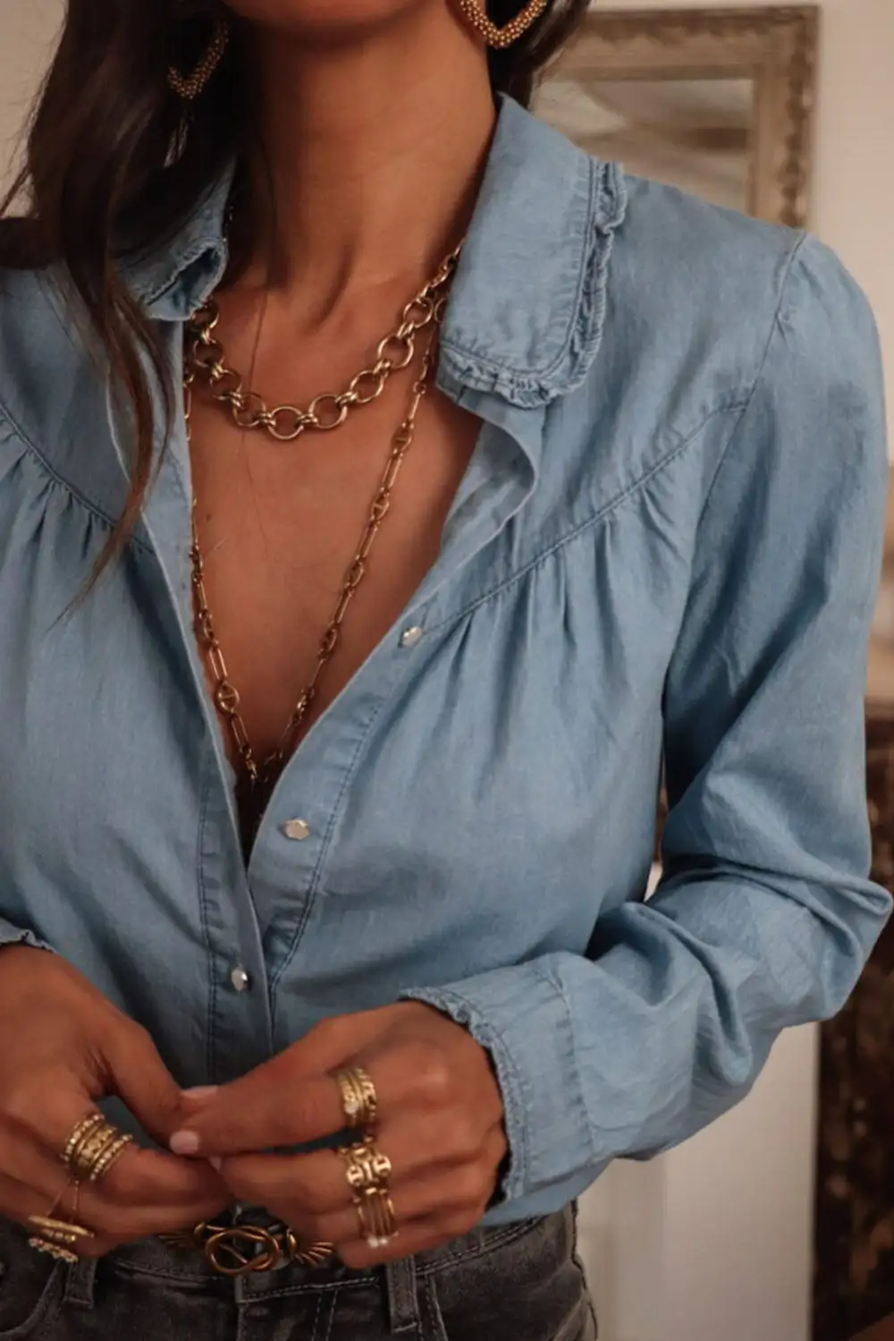Dusk Blue Turn-Down Collar Chambray Shirt