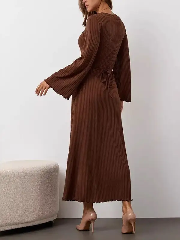 Sleeves Pleated Ruffled Long Neck Maxi Dress