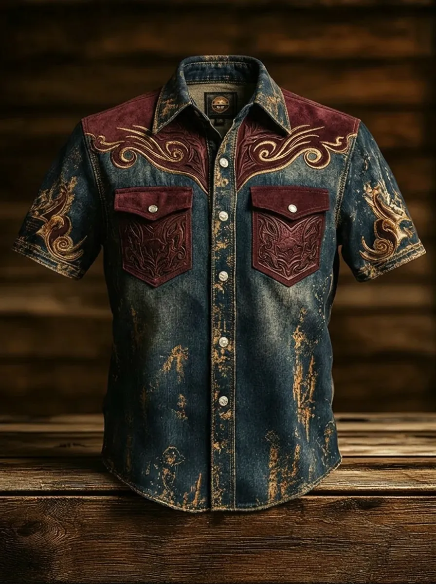 Men's Western Cowboy Embroidered Distressed Denim Printed Shirt