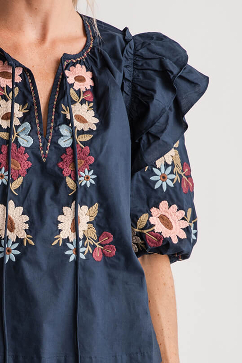 Mable Embroidered Ruffle Shoulder Puff Sleeve Blouse - navy