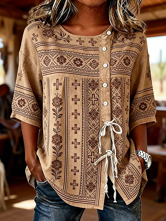 Women's Boho Cross Floral Print Western Tie Waist Button-Down Blouse