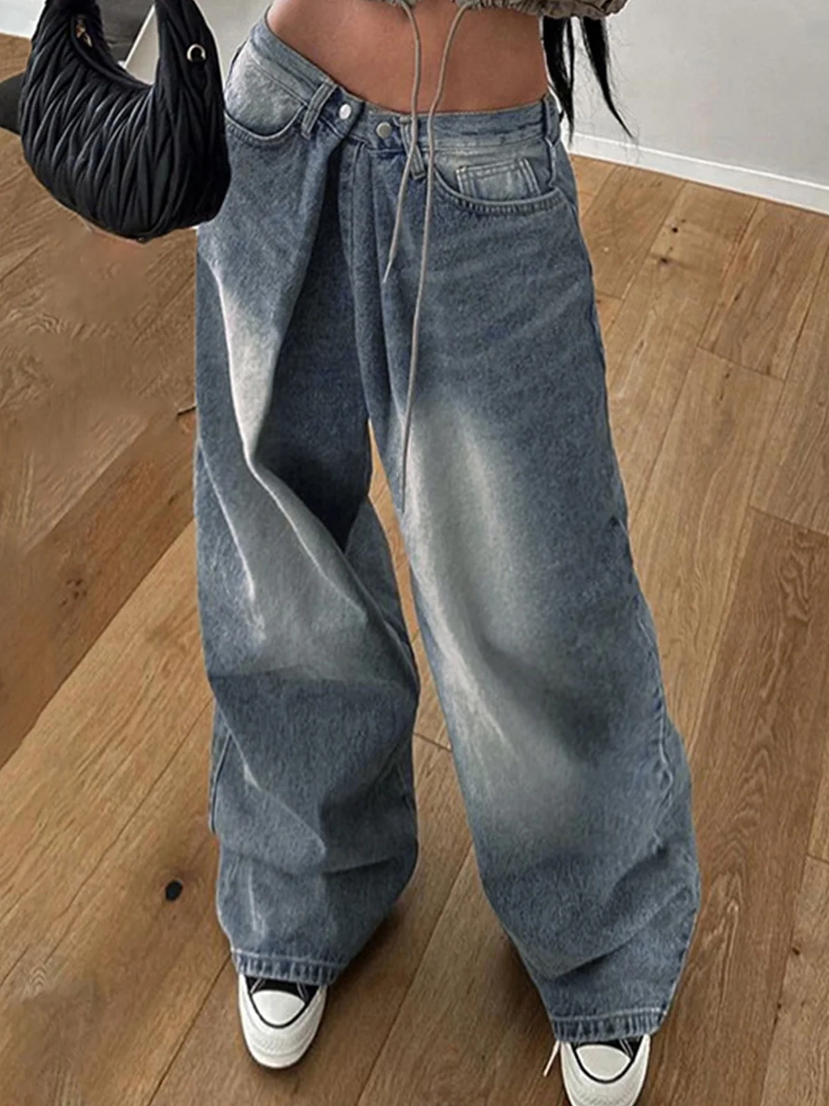 Denim Plain Wide Leg Pants Jeans