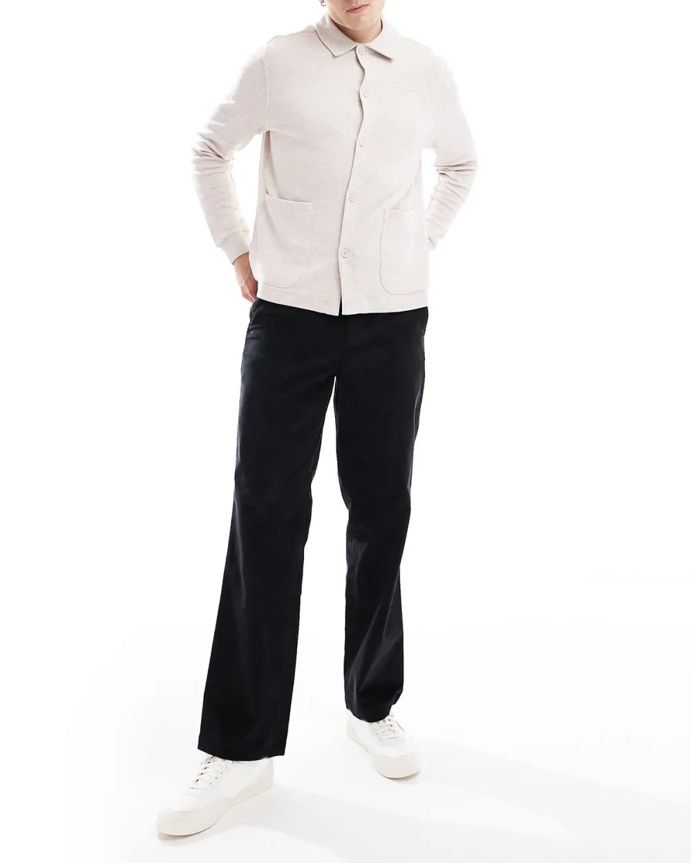 Long Sleeve Button Through Polo Shirt In Off White Jersey