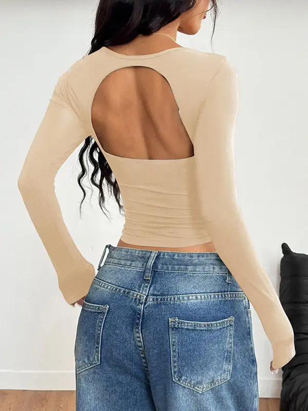 Long Sleeve Slim Fit Backless Pleat Detail Square Neck T-Shirt